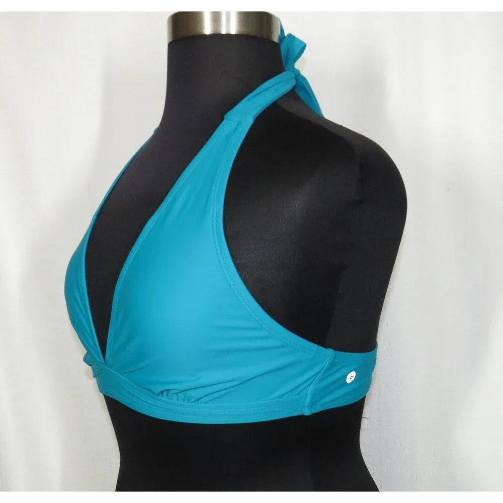 Halara Deep V Halter Tie Padded Bikini Swim Top Lake Blue Size XL 16